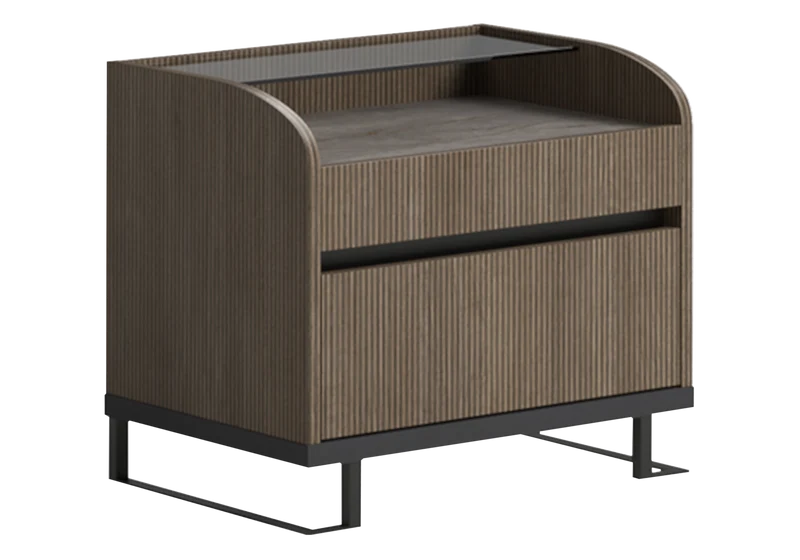 Table de nuit bois rainuré & marbre – Hexagon