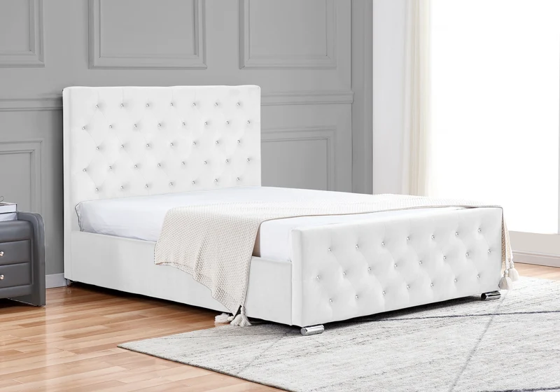 Lit double capitonné en velours blanc avec strass - Anis