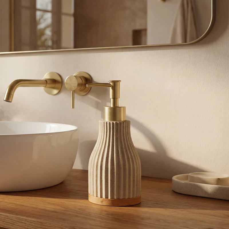 Distributeur de savon - Résine beige et bois - OCEANO