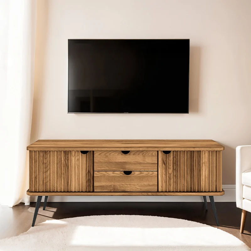 Meuble TV 144 cm 2 portes 2 tiroirs - Bois massif hêtre - AMALFI