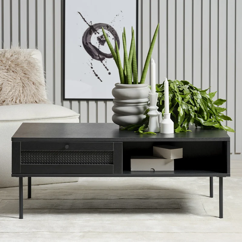 Table basse 110 cm 1 tiroir - Bois et cannage noirs - MANAROLA