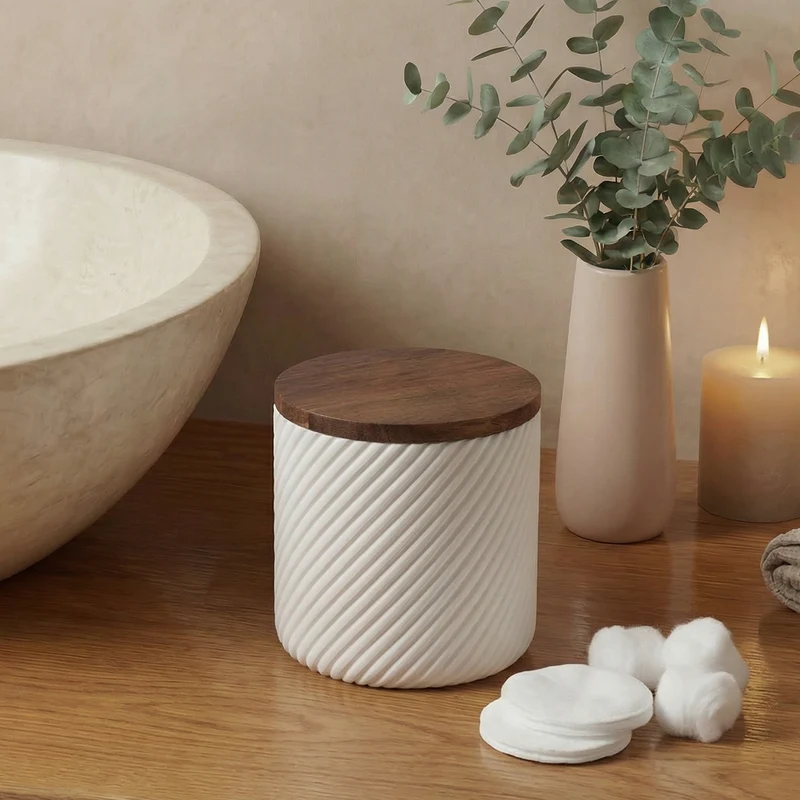 Boîte à coton - Résine blanche et bois - ASCOLI
