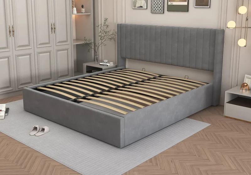Lit velours coffre gris - Lova