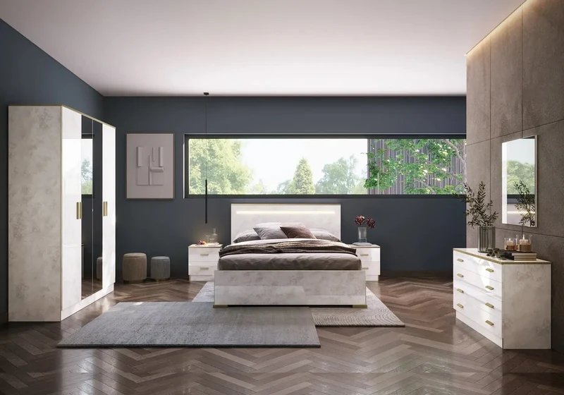 Chambre complète marbre beige or laqué LED – NOEMI