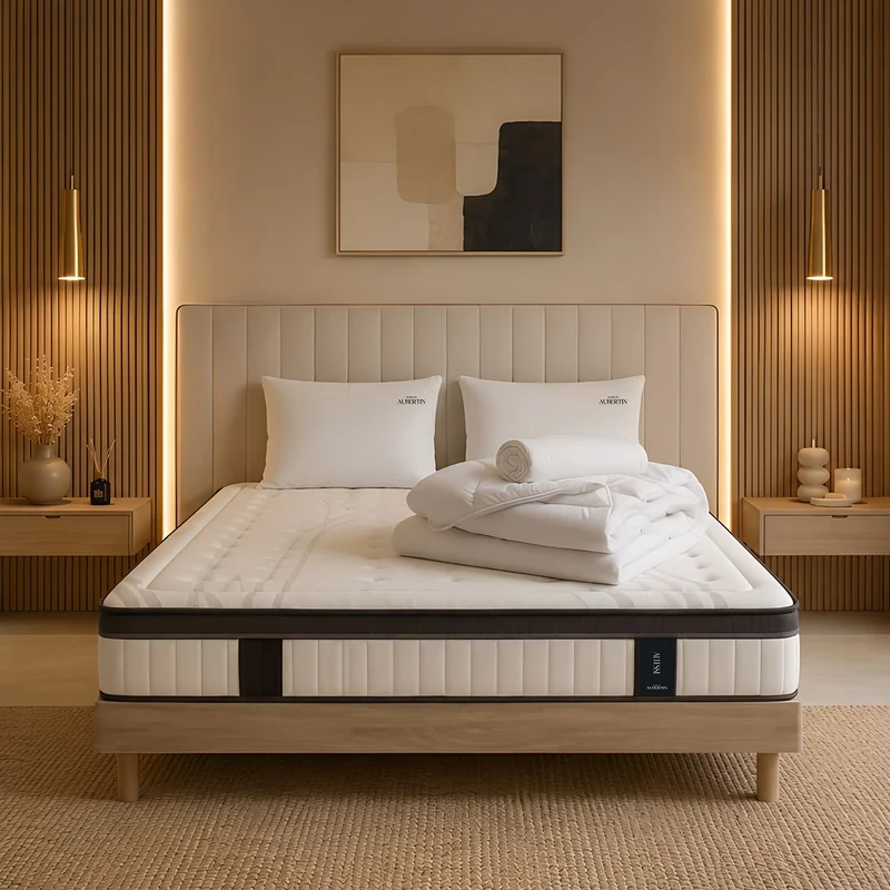 Ensemble Altesse + sommier bois + accessoires - Mousse HD mémoire - Ép. 26 cm - 27 cm d'épaisseur