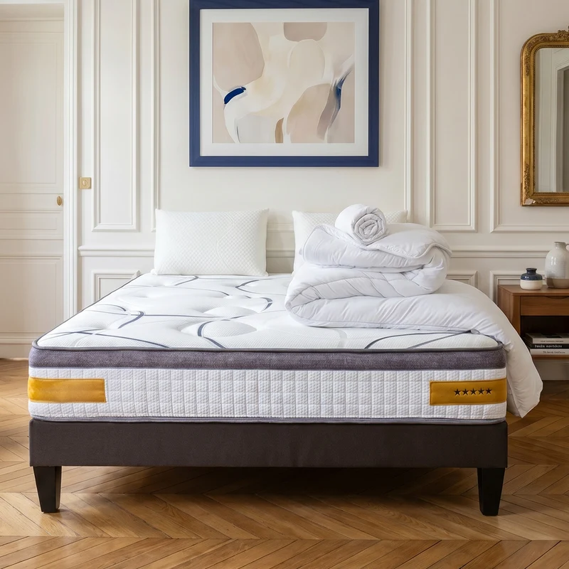 Prêt-à-dormir COPENHAGUE avec Sommier, Couette, Oreillers et Protège-matelas - 24 cm d'épaisseur - Accueil équilibré, soutien ferme
