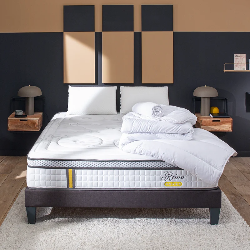 Pack prêt à dormir Reina 2.0 - Matelas + Sommier + Couette, oreillers, protège-matelas - 26 cm d'épaisseur