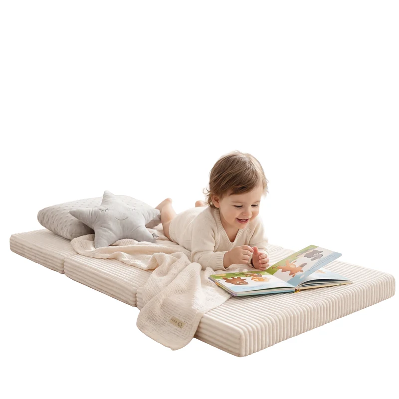 Reisebettmatratze 60 x 120 cm - 2-fach faltbar - Cord-Bezug abnehmbar & waschbar - Beige