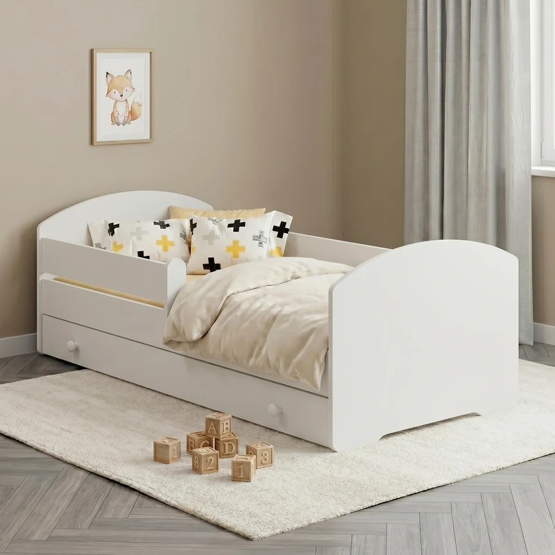 Lit enfant LUK-ONE avec barrière de protection et tiroir de rangement