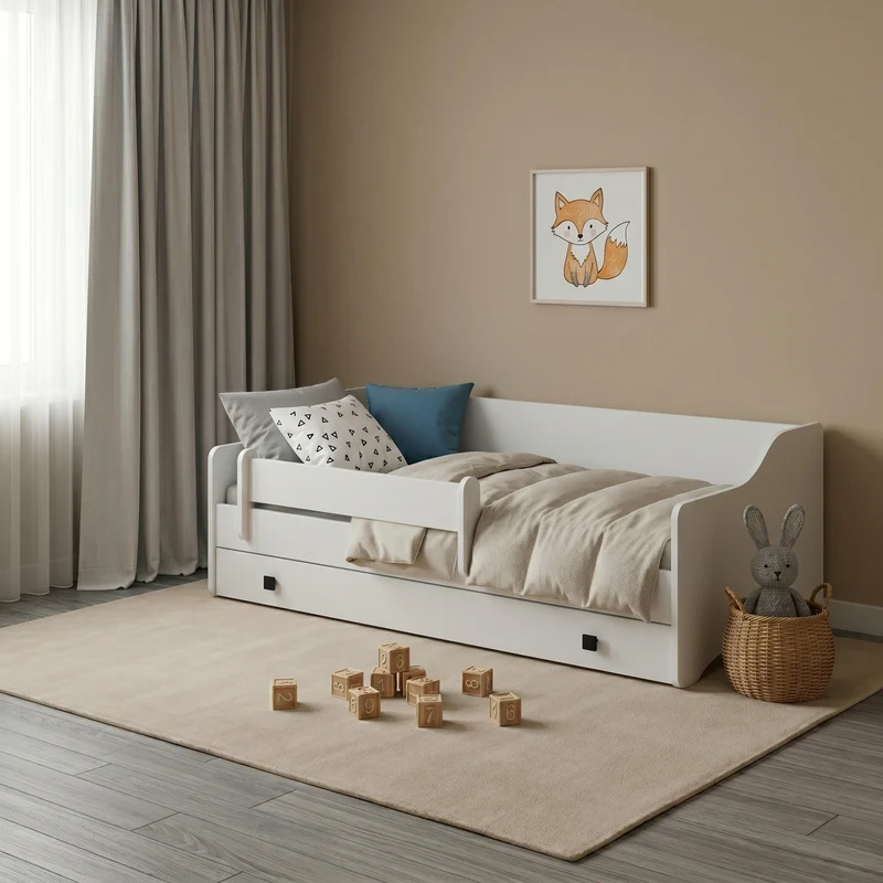 Lit enfant ERYK avec barrière de protection et tiroir de rangement - 160 × 80/180 × 80 cm