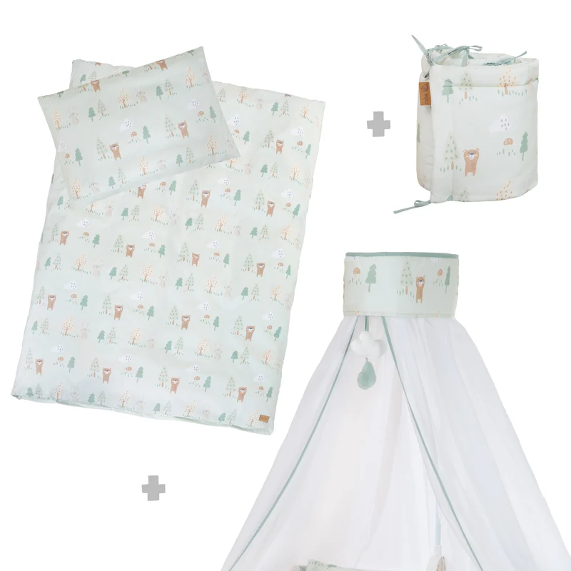 Kinderbettgarnitur 'Woodland Buddies' 4-teilig - Himmel, Nestchen & Bettwäsche - Pastellgrün