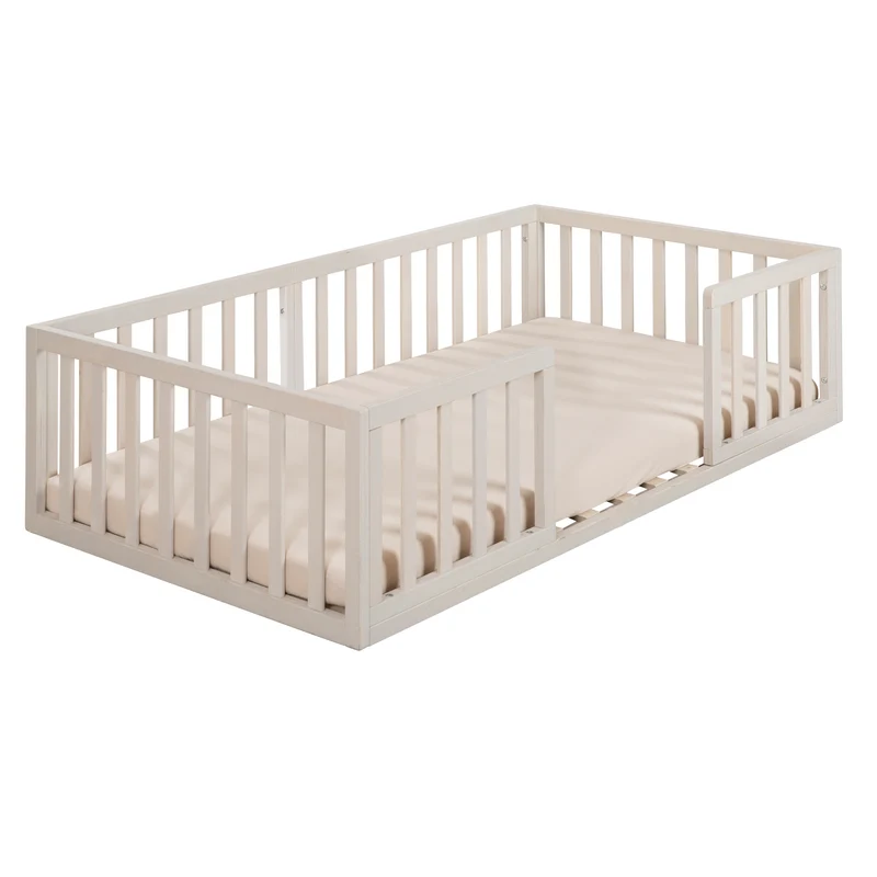 Montessori Bodenbett inkl. Lattenrost & Rausfallschutz - Stone Washed