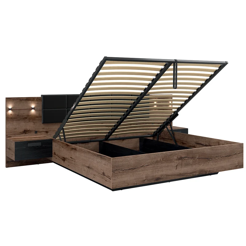 Lit coffre 180x200 sommier chevet LED et prise USB inclus Romane Bois