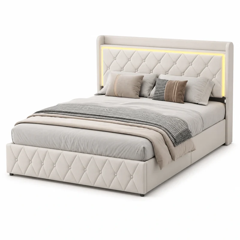 lit-coffre-160x200-cm-avec-ports-usb-et-led-double-avec-rangement-et-sommier-velours-beige-jujrwt7108sr