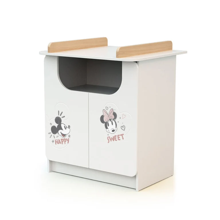 Commode 2 portes avec plan à langer AT4 Disney Happy Days Mickey Blanc et Hêtre
