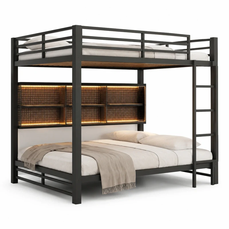 lit-superpose-en-metal-avec-etageres-et-led-escalier-vertical-espace-de-rangement-noir-almrhq6996hw