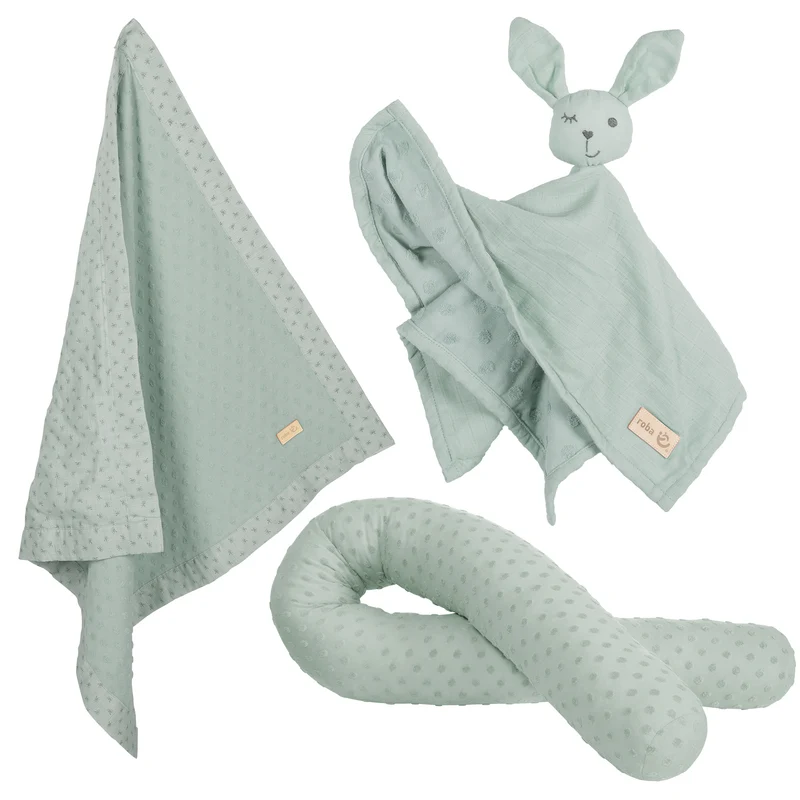 Organic Geschenkset 'Lil Planet' frosty green, Bio-Bettschlange, -Decke & -Schmusetuch