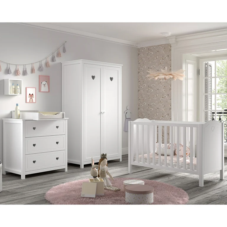 Chambre complète lit bébé 60x120 commode à langer et armoire 2 portes Vipack Amori Blanc