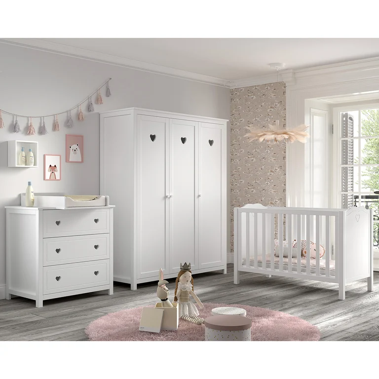 Chambre complète lit bébé 60x120 commode à langer et armoire 3 portes Vipack Amori Blanc