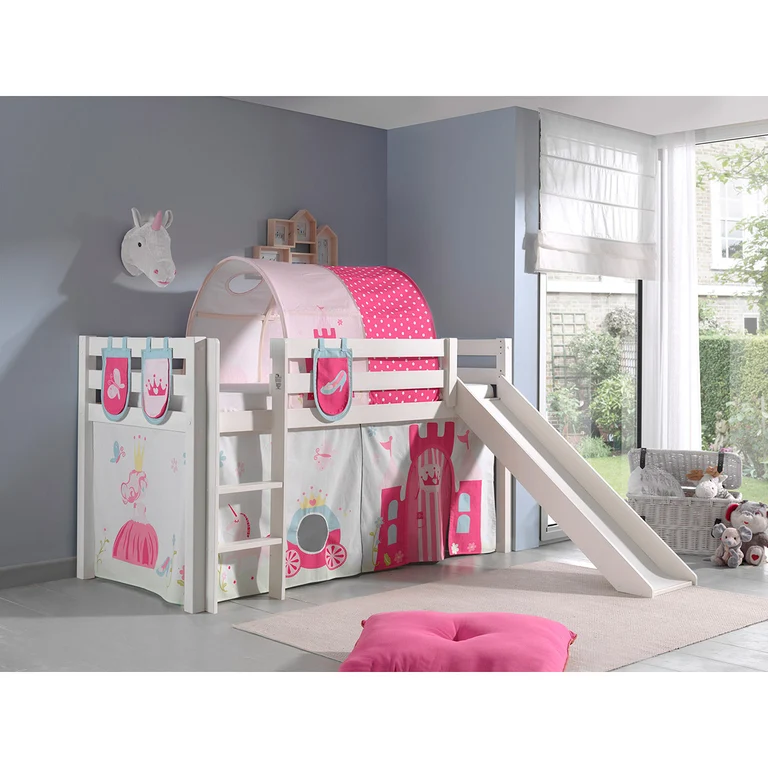 Lit Mi-Hauteur 90x200 avec Toboggan Sommier Inclus et Housse Princesse Vipack Pino - Blanc