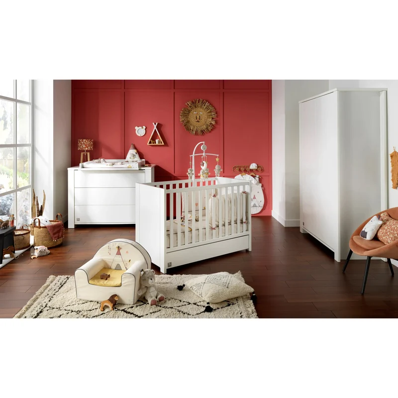 Chambre Loft Blanc : lit bébé 70x140 + armoire + commode