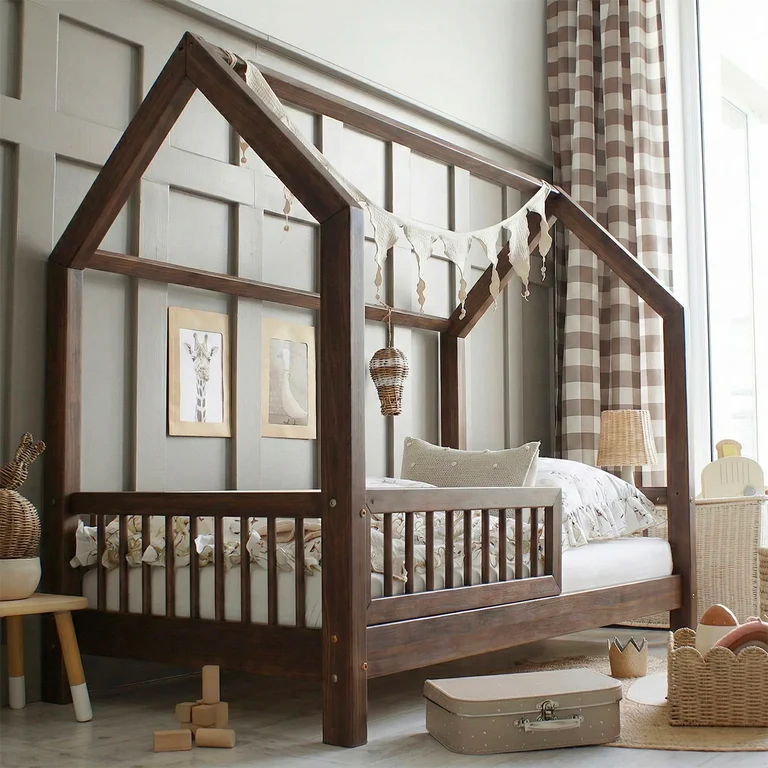 Lit cabane 90x200 barrière et sommier inclus pieds 10 cm Sofia Bois foncé