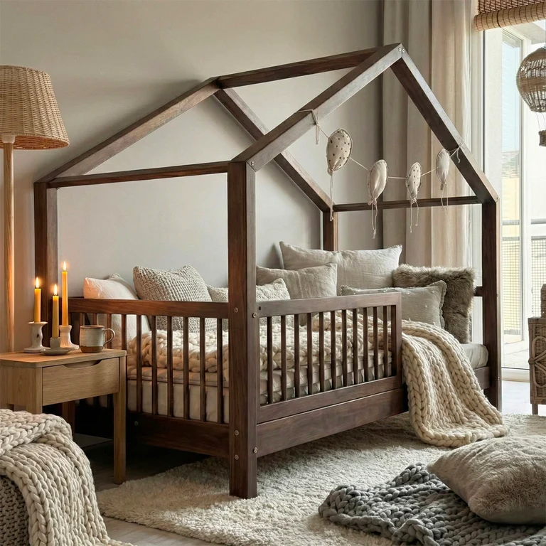 Lit cabane 90x190 barrière et sommier inclus pieds 10 cm Rosalie Bois foncé