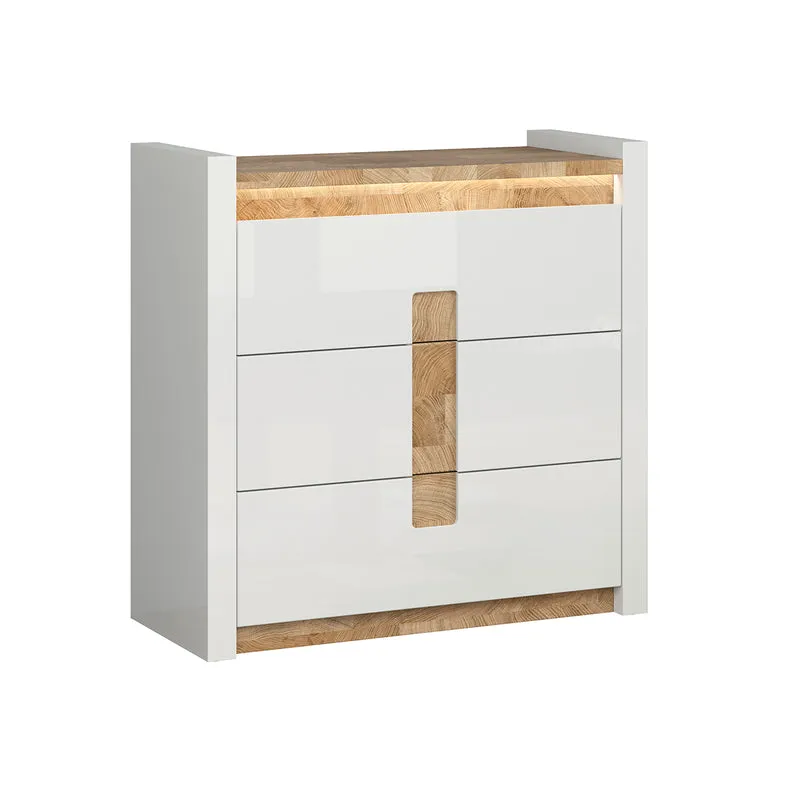 Commode 3 tiroirs avec LED Helios Blanc laqué et Bois