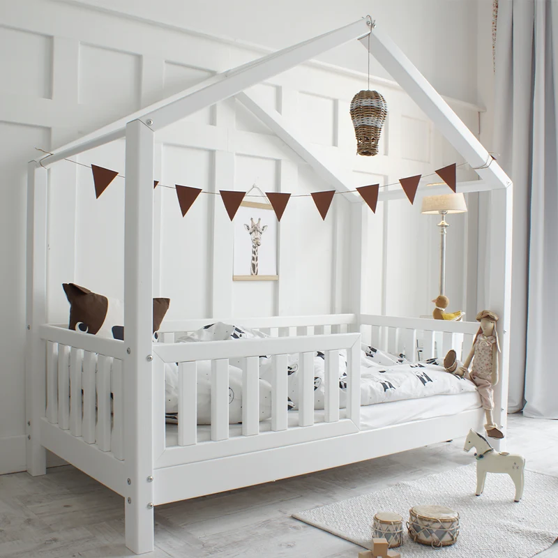 Lit cabane 90x200 barrière et sommier inclus pieds 10 cm Roxane Blanc