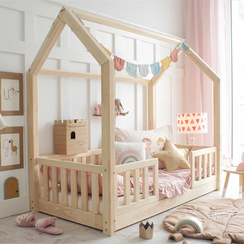 Lit cabane 80x160 barrières et sommier inclus pieds 1 cm Daisy Bois