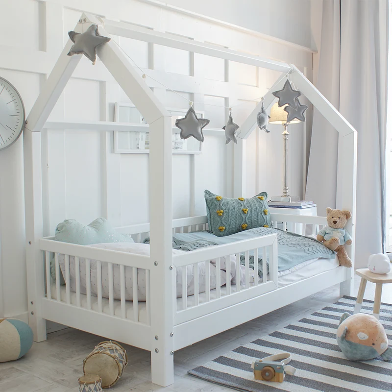 Lit cabane 80x160 barrière et sommier inclus pieds 10 cm Sofia Blanc