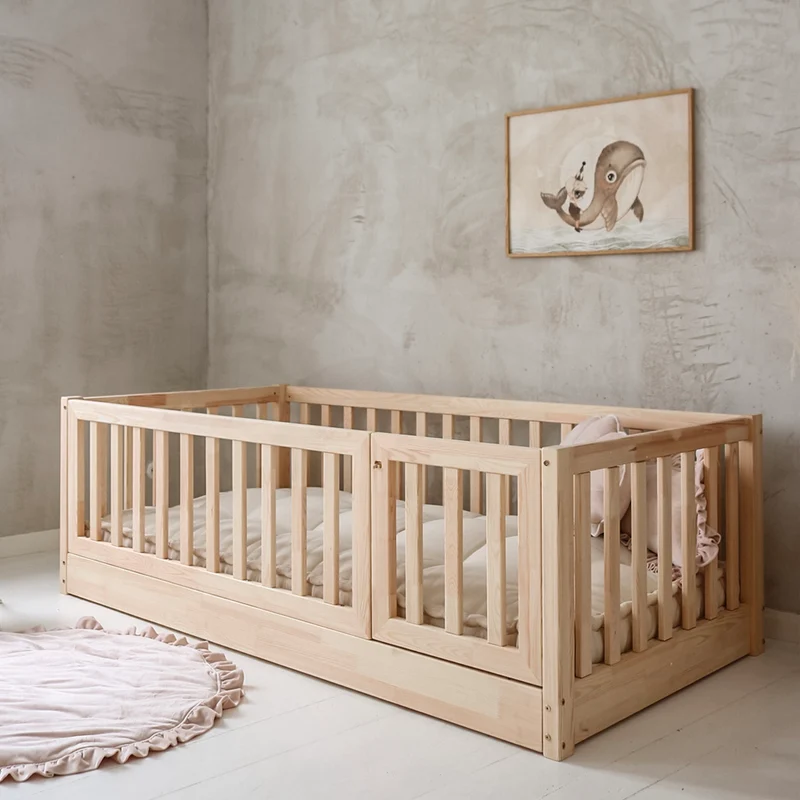 Lit au sol 120x200 entrée droite barrière et sommier inclus Bambino Bois