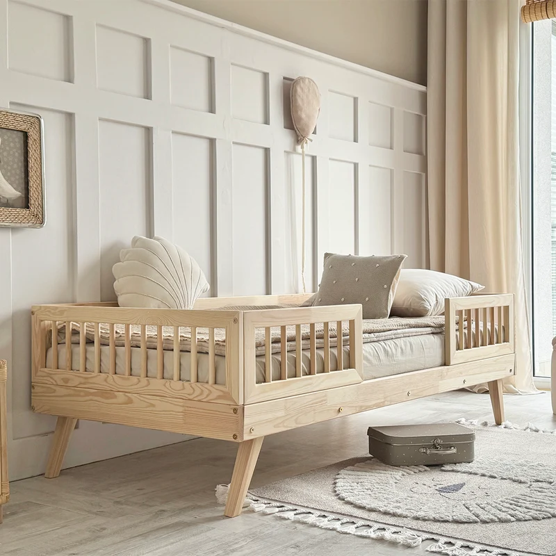 Lit 90x190 barrières et sommier inclus pieds 20 cm Maylis Bois