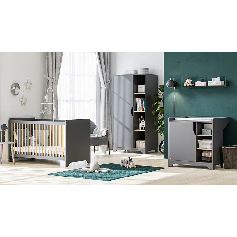 Chambre complète lit bébé - commode à langer - armoire 1 porte Vox Leaf Gris et bois
