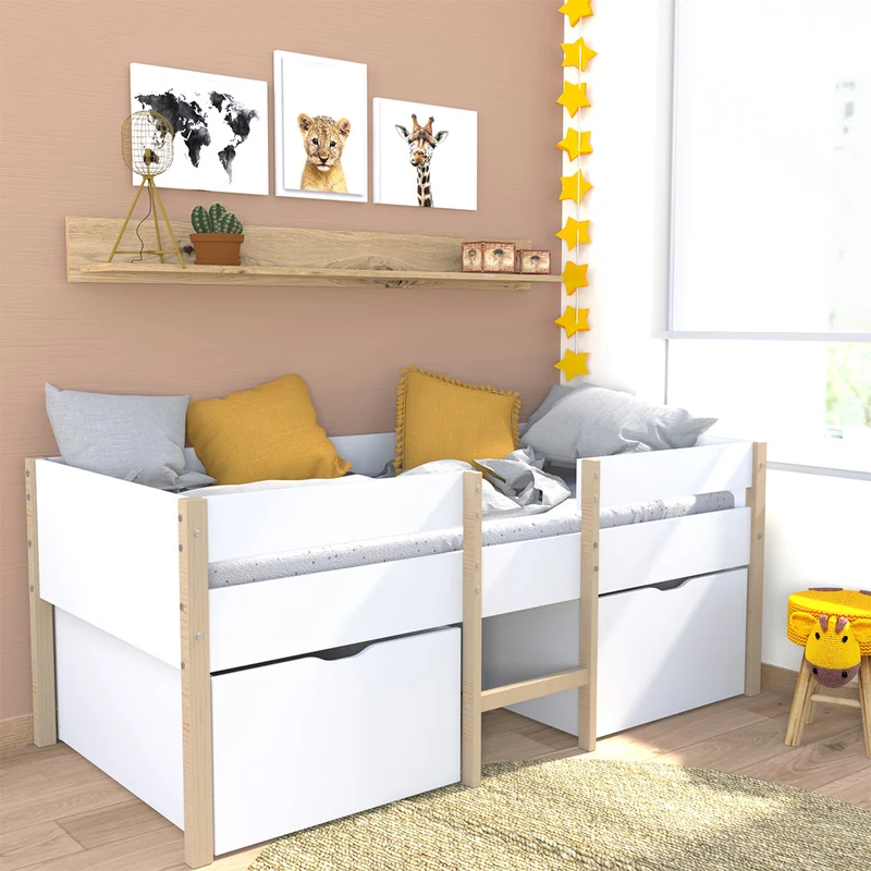 Lit mi-hauteur 90x200 2 grands tiroirs et sommier inclus Arthur Blanc et bois
