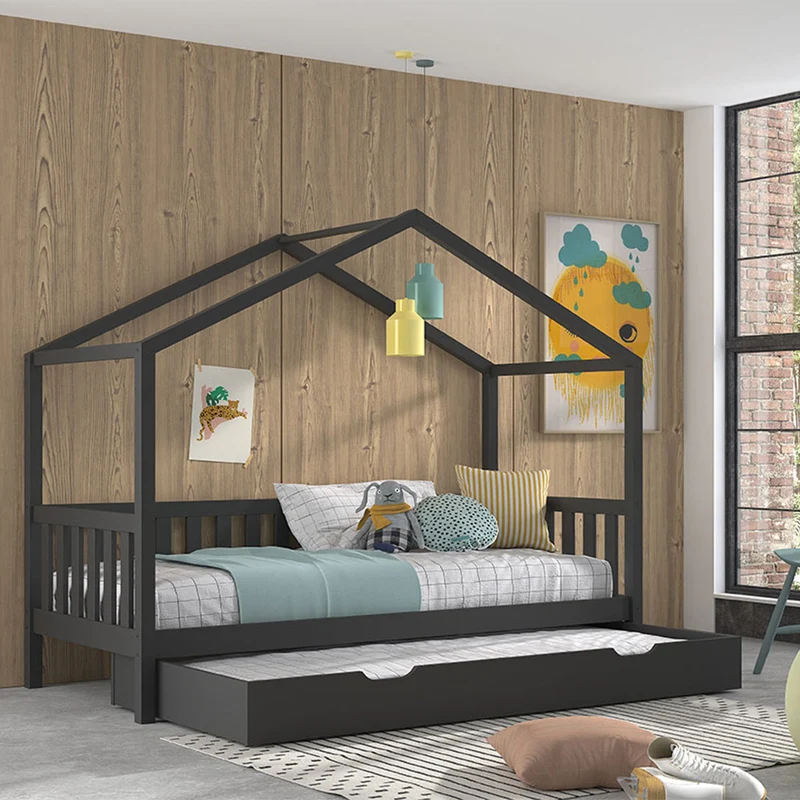Lit cabane 90x200 sommier et tiroir inclus Vipack Dallas Anthracite