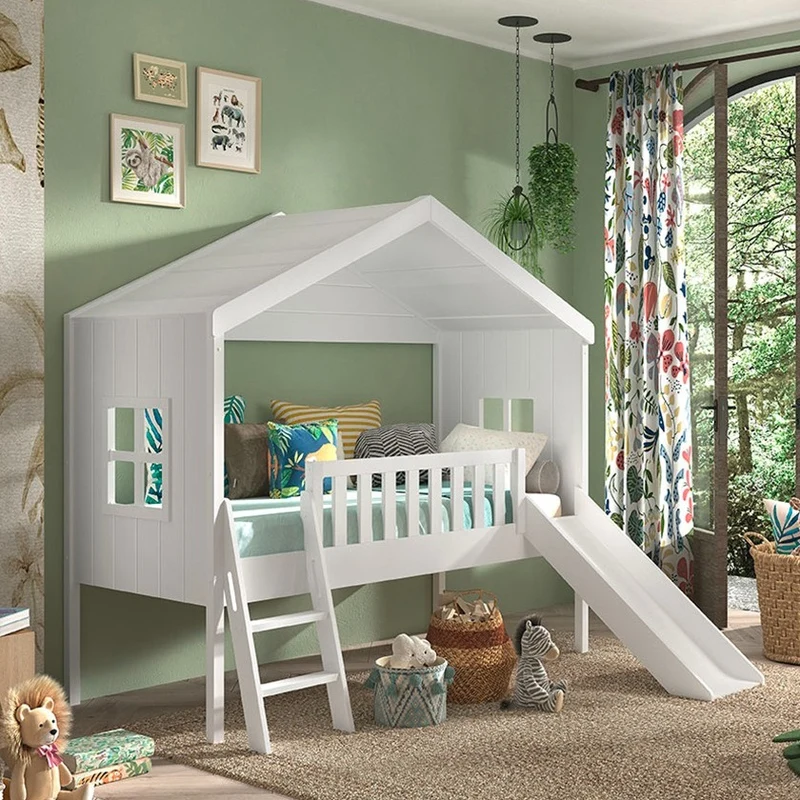 Lit cabane 90x200 toboggan sommier inclus Vipack Housebed Blanc