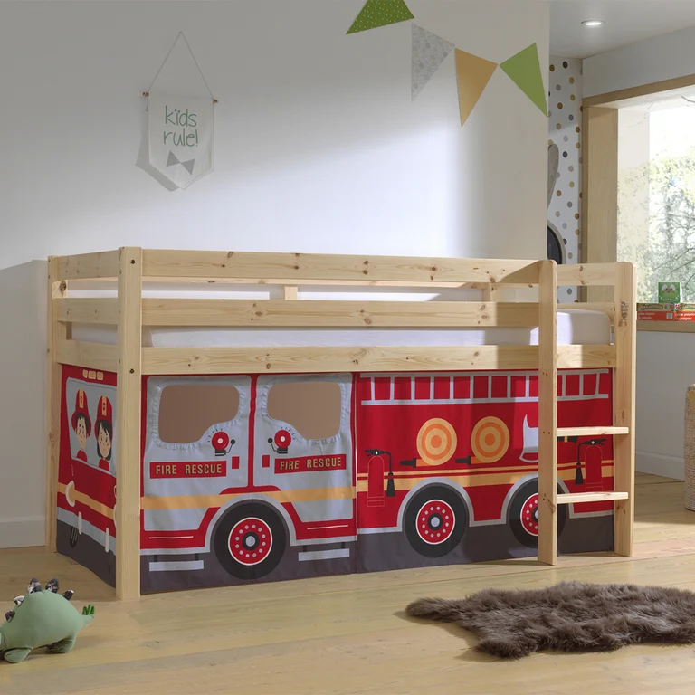 Lit Mi-Hauteur 90x200 sommier inclus housse Pompier Vipack Pino Bois