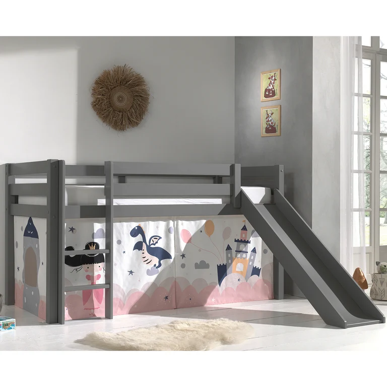 Lit Mi-Hauteur 90x200 Toboggan sommier inclus housse Fairy Vipack Pino Gris