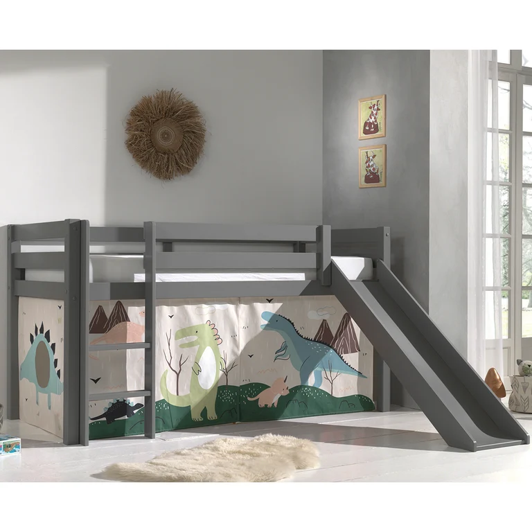 Lit Mi-Hauteur 90x200 Toboggan sommier inclus housse Dino Vipack Pino Gris