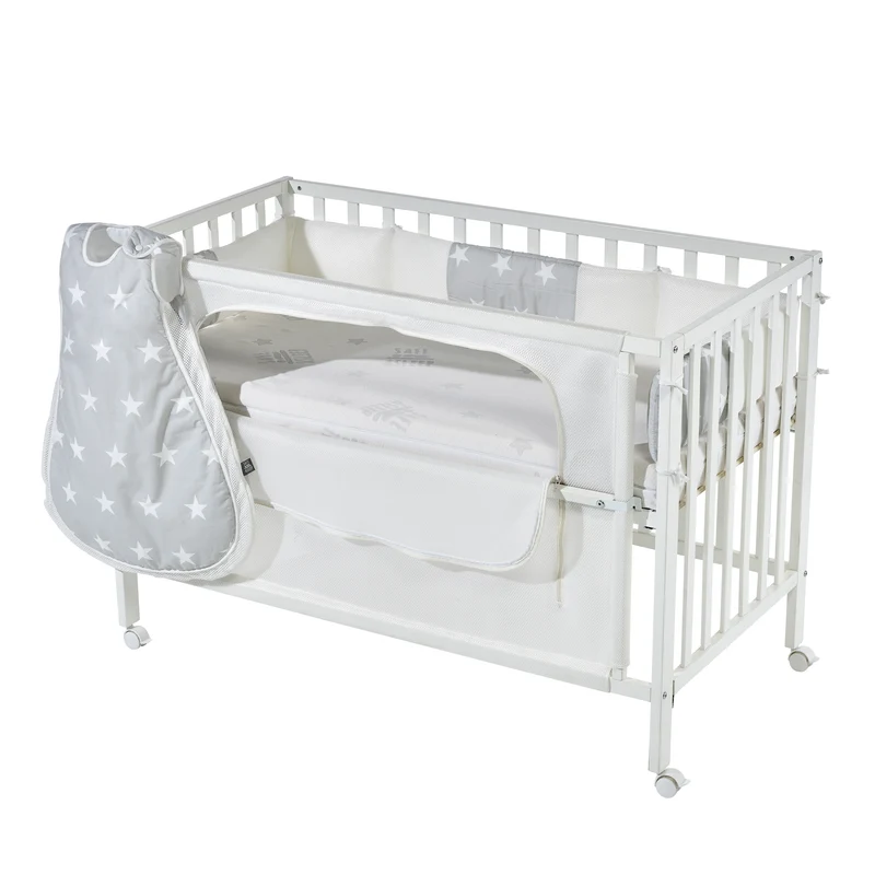 Room Bed 'safe asleep®', 60 x 120 cm, 'Sterne grau', Beistellbett inkl. Ausstattung, weiß lackiert