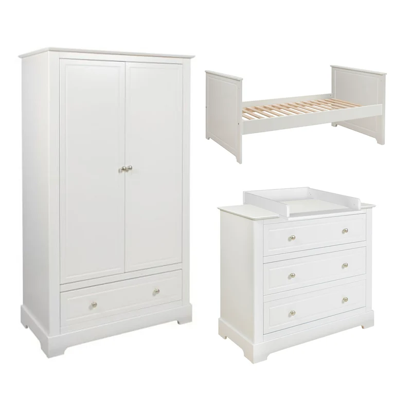 Chambre complète lit évolutif 70x140 commode à langer et armoire 2 portes Bellamy Marylou Blanc