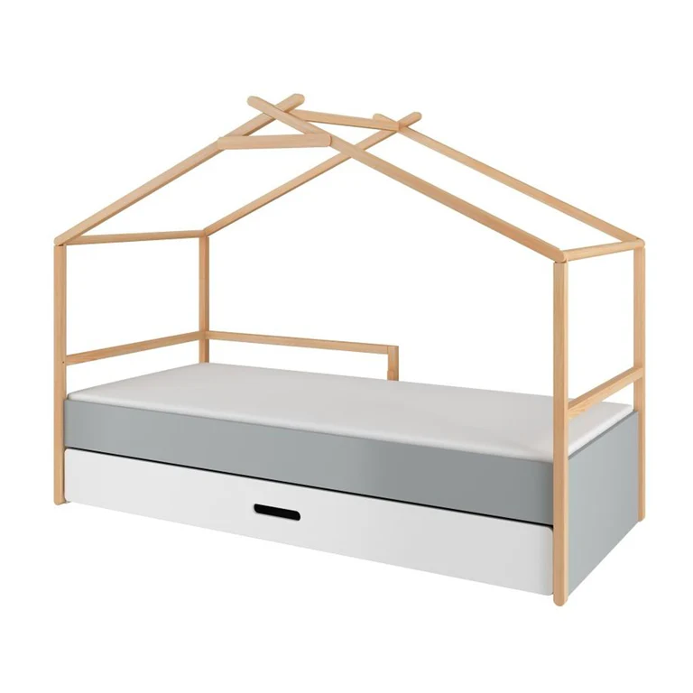Lit cabane 90x200 sommier et tiroir inclus Bellamy Teepee Gris et blanc