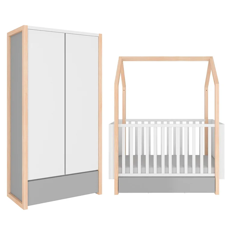 Lit évolutif cabane 70x140 et armoire 2 portes Bellamy Pinette Blanc et gris