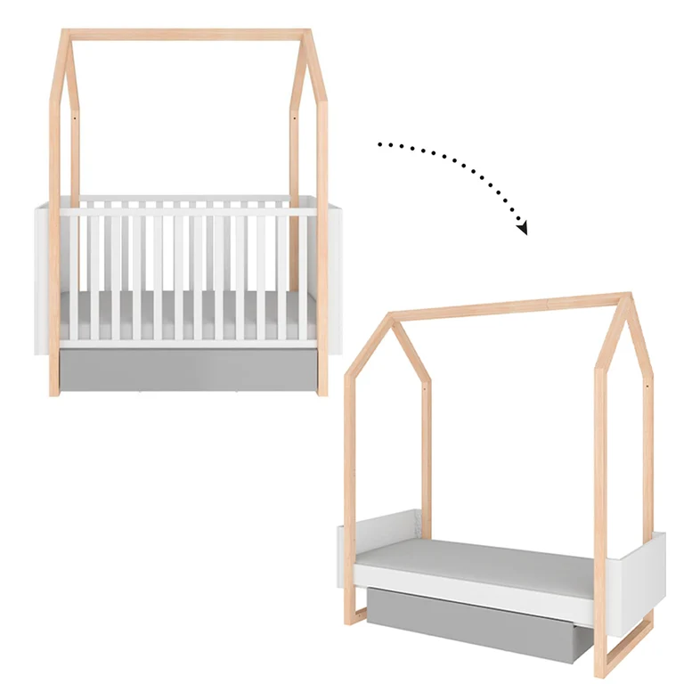 Lit évolutif cabane 70x140 en 70x160 tiroir inclus Bellamy Pinette Blanc et gris