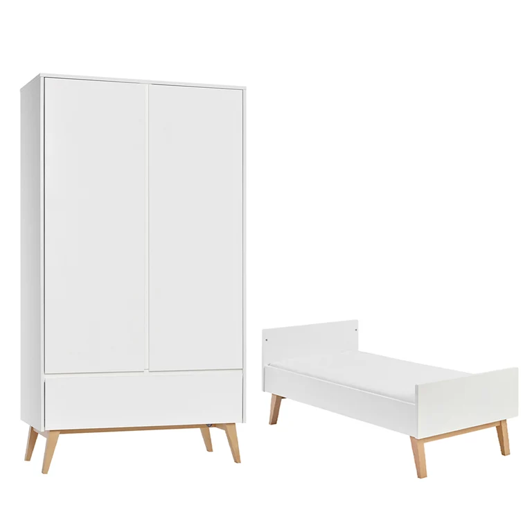 Lit évolutif 70x140 et armoire 2 portes Pinio Swing - Blanc et bois