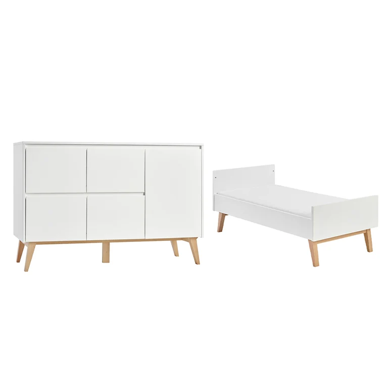 Lit évolutif 70x140 et commode 4 tiroirs 1 porte Pinio Swing - Blanc et bois