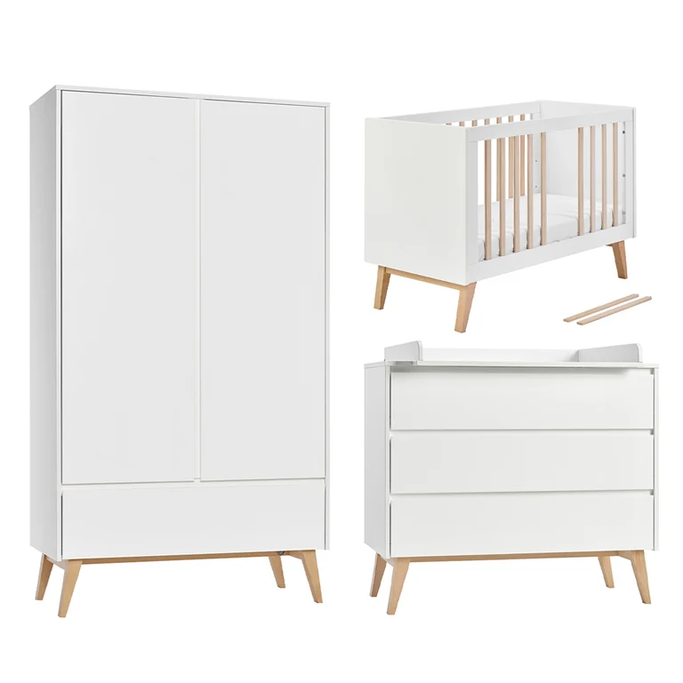 Chambre complète lit évolutif 60x120 commode à langer et armoire 2 portes Pinio Swing - Blanc et bois