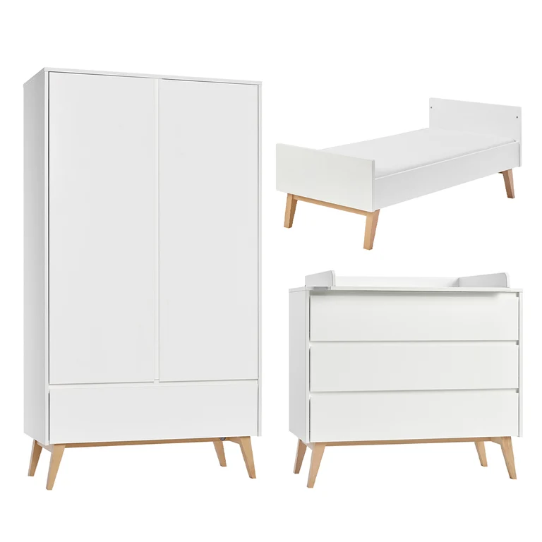 Chambre complète lit évolutif 70x140 commode à langer et armoire 2 portes Pinio Swing - Blanc et bois