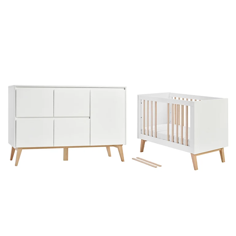 Lit évolutif 60x120 et commode 4 tiroirs 1 porte Pinio Swing - Blanc et bois
